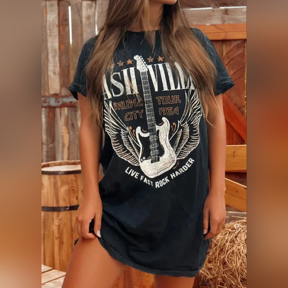 Western Nashville Guitar Print T Shirt Mini Dress